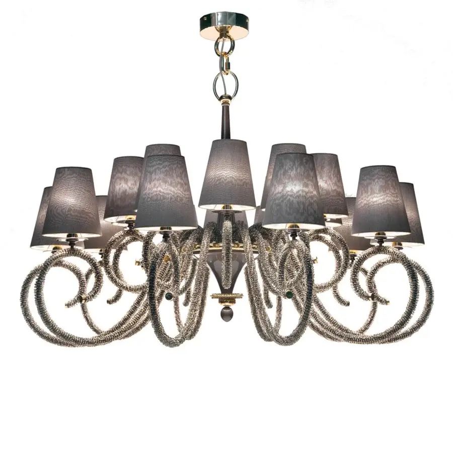 Lavish Patrizia Garganti 1180 chandelier in polished metal with a dark gray textile shade and shimmering crystal accents