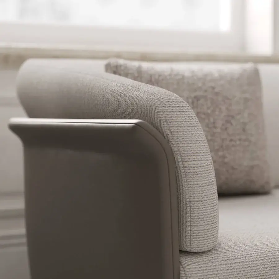 Refined Capital Allure sofa with a neutral beige woven fabric and metal accents crafted in Italy with ergonomic memory foam seating