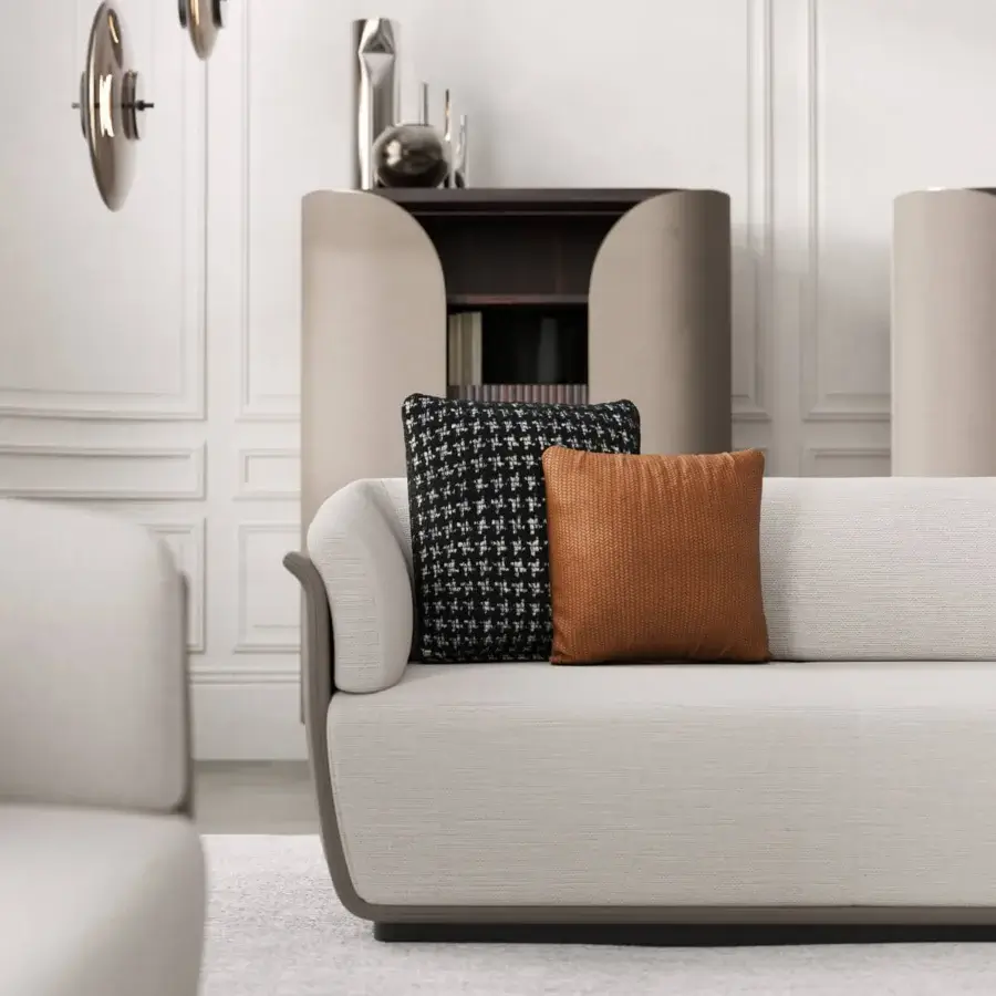 Distinguished Capital Allure sofa with a light neutral fabric upholstery and dark-toned wood with satin metal accents