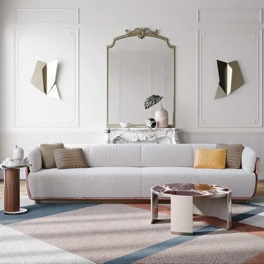 Exceptional Capital Allure sofa with light gray textured fabric upholstery and a subtly raised wooden base with metal accents