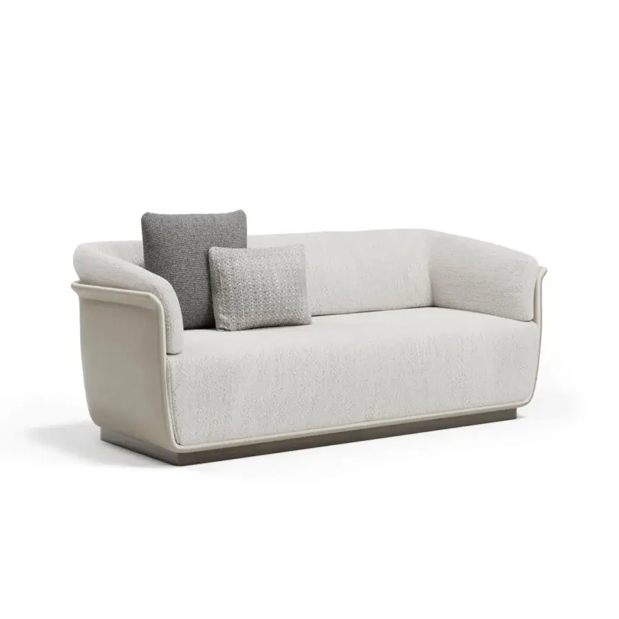 Captivating Capital Allure sofa with sculpted silhouette and curated exquisite fabrics in neutral beige with dark wood and metal accents
