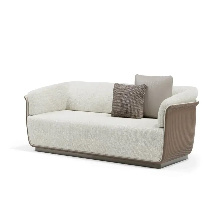Exceptional Capital Allure sofa with softly sculpted silhouette and textured light beige textile upholstery with a matte brown wooden base