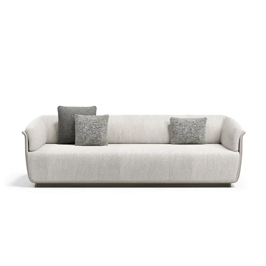 Lavish Capital Allure sofa with sculpted form, textured bouclé textile and contrasting cushions crafted in Italy