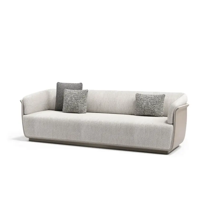 Superior Capital Allure sofa with sculpted silhouette, light gray textured textile and gently curved wooden base with metal accents