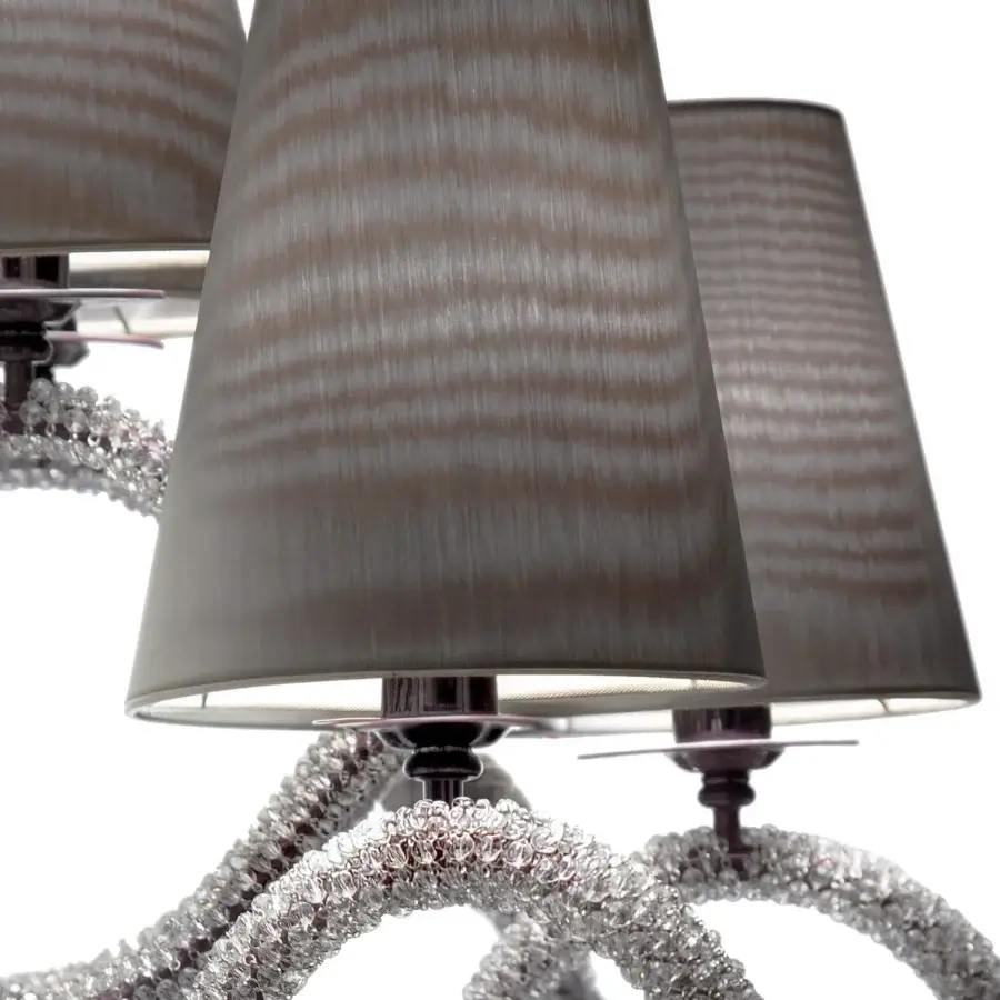 Distinguished Patrizia Garganti 1180 wall lamp with a crystal web enveloping darkened bronze metal and muted gray textile shades