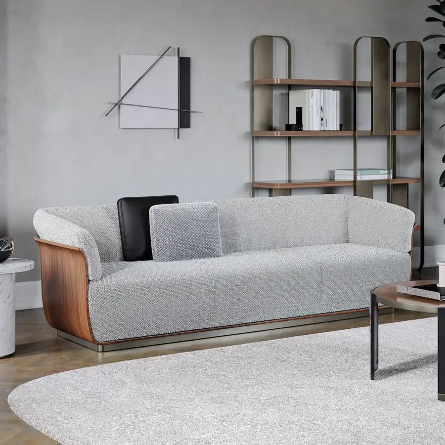 Refined Capital Allure W sofa with light gray textured fabric upholstery and a satin sheen carved wooden frame