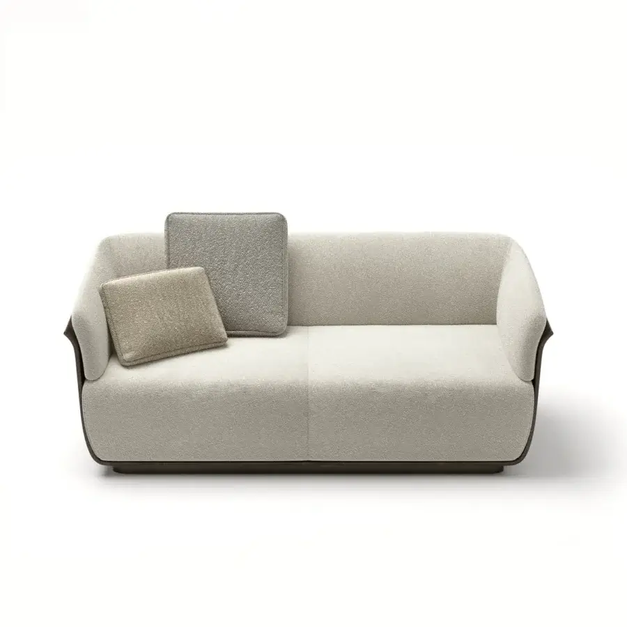 Distinguished Capital Allure W sofa with light beige textured fabric upholstery and dark finished wood base