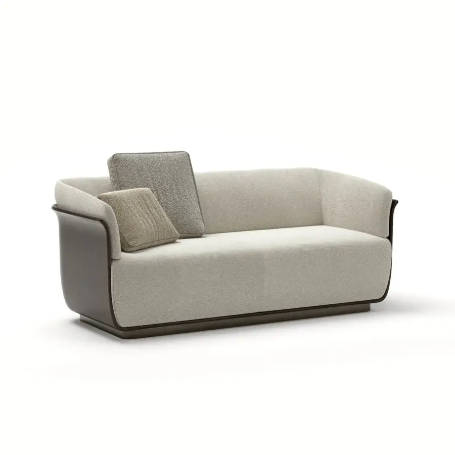 Exceptional Capital Allure W sofa with light neutral textile upholstery and dark satin-finished wood base