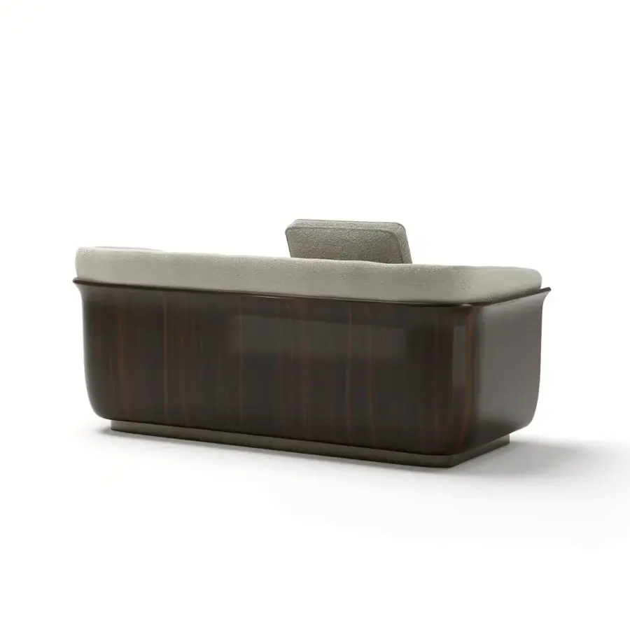 Refined Capital Allure W sofa with neutral gray fabric upholstery and glossy dark brown carved wooden frame