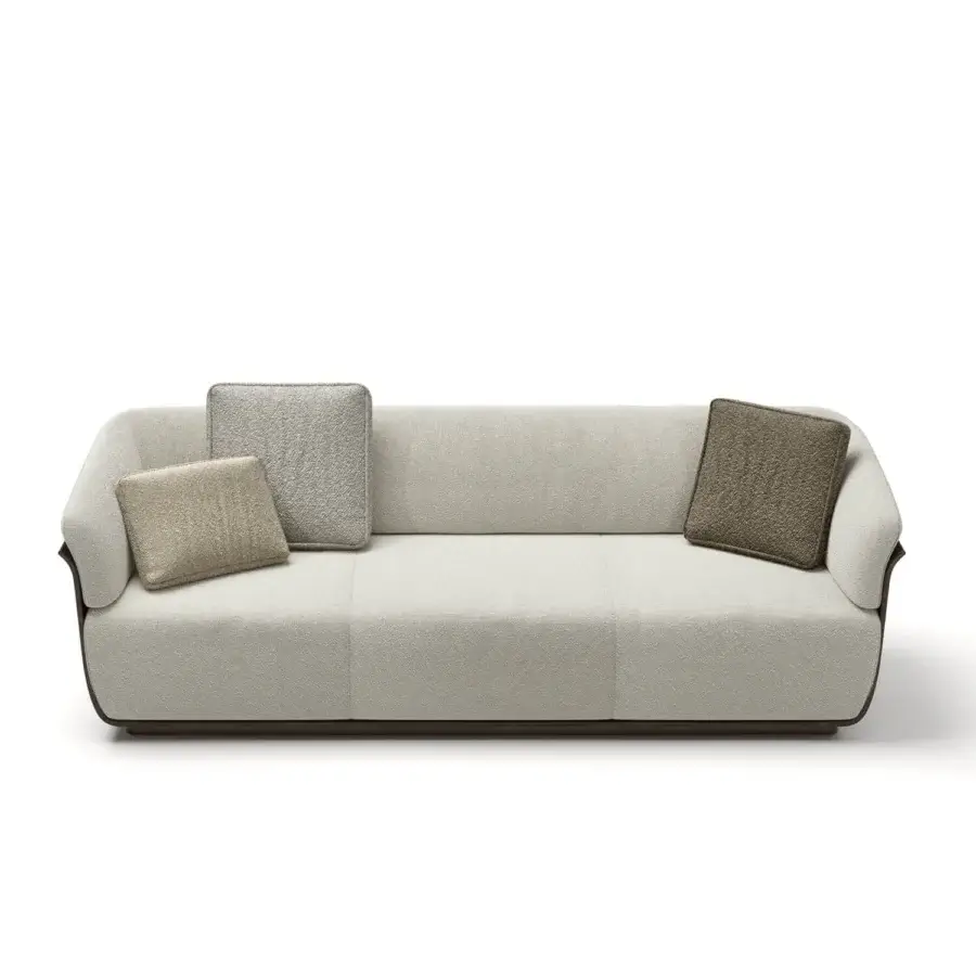 Distinguished Capital Allure W sofa with light neutral beige textile upholstery and contrasting gray and brown cushions crafted in Italy
