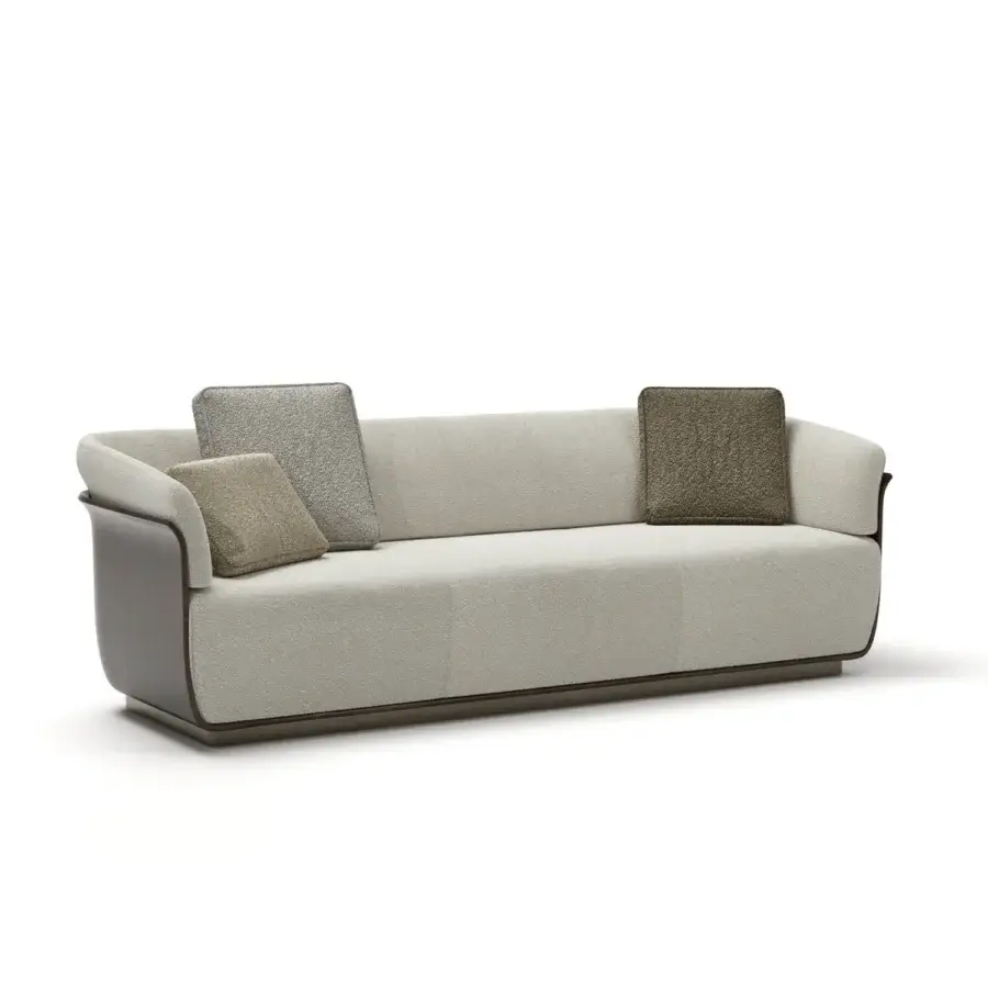 Elegant Capital Allure W sofa with light neutral beige textured textile upholstery and satin finished carved wooden base