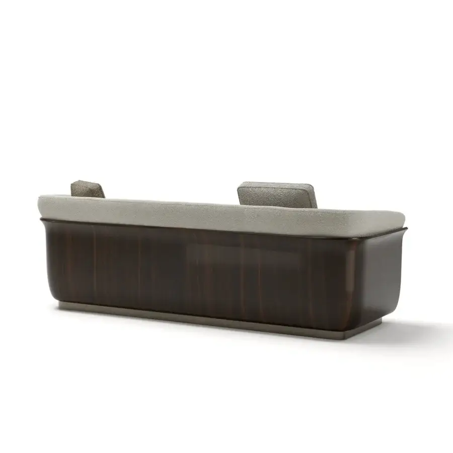 Meticulous Capital Allure W sofa with light gray fabric upholstery and a satin finished striped wooden frame