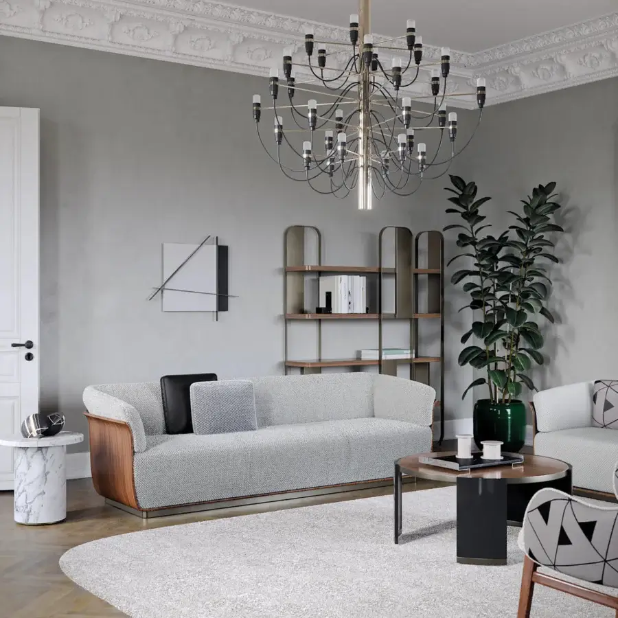 Superior Capital Allure W sofa with light gray fabric upholstery and a satin finished carved wooden external frame