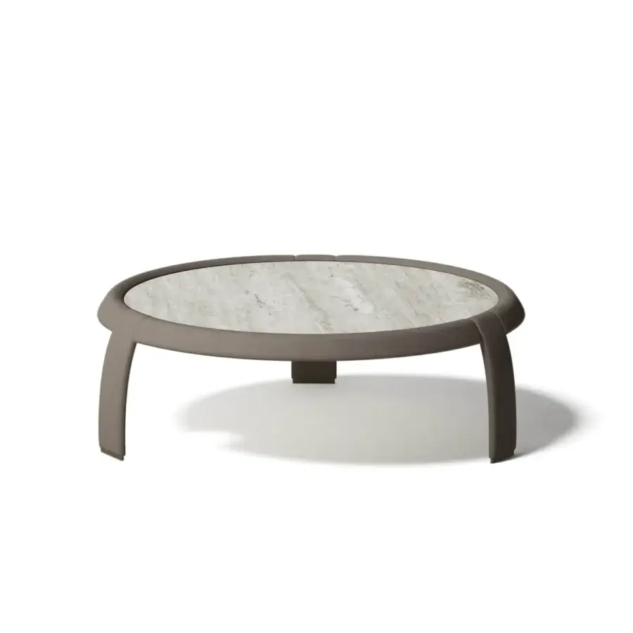 Distinctive Capital Omega coffee table with gray veined marble tabletop and matte neutral gray leather clad frame