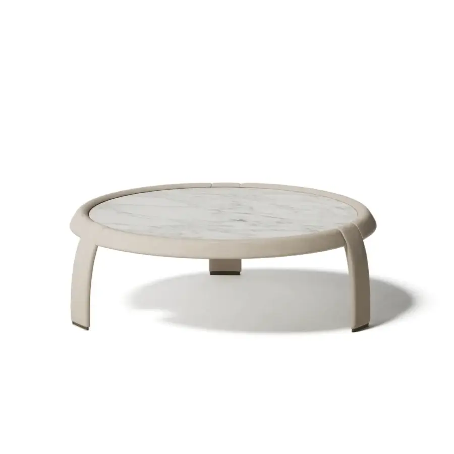 Superior Capital Omega coffee table with white marble tabletop and light beige textile-covered base exhibiting metallic details