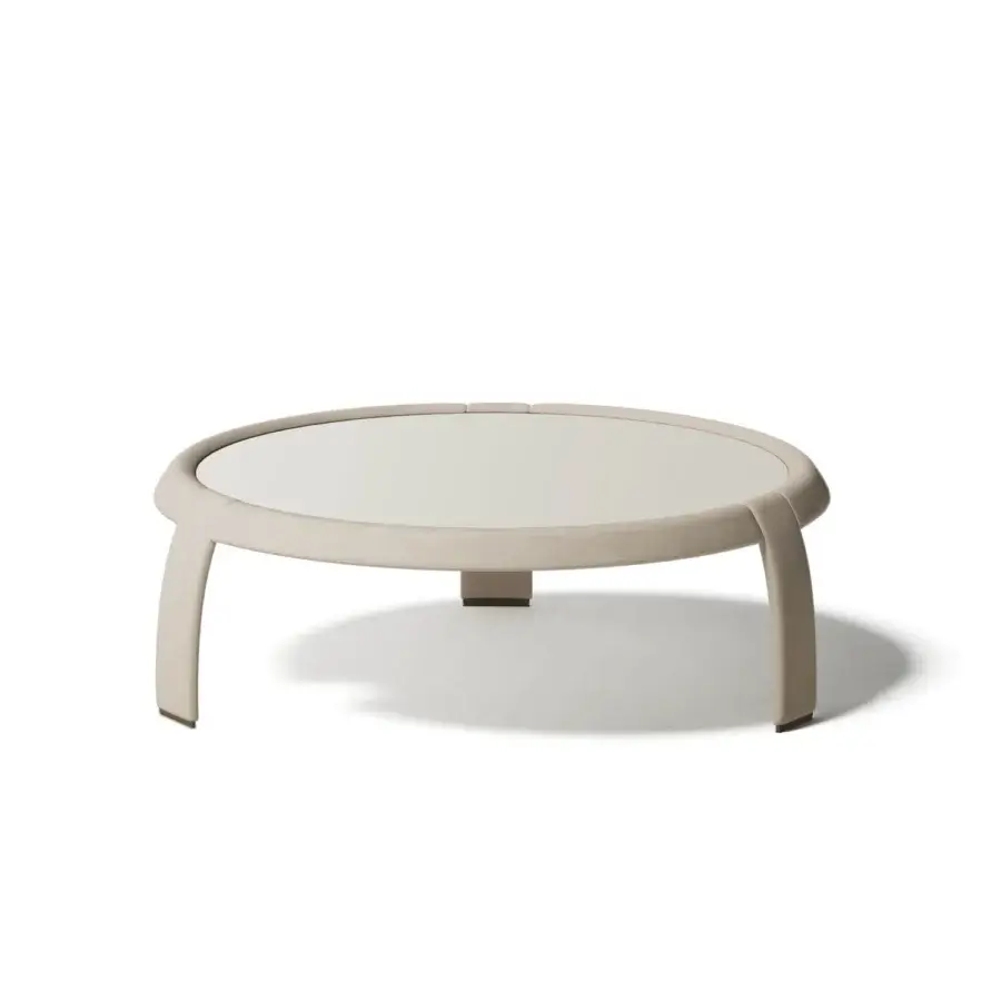 Captivating Capital Omega coffee table with marble tabletop and light beige textile base crafted in metallic details