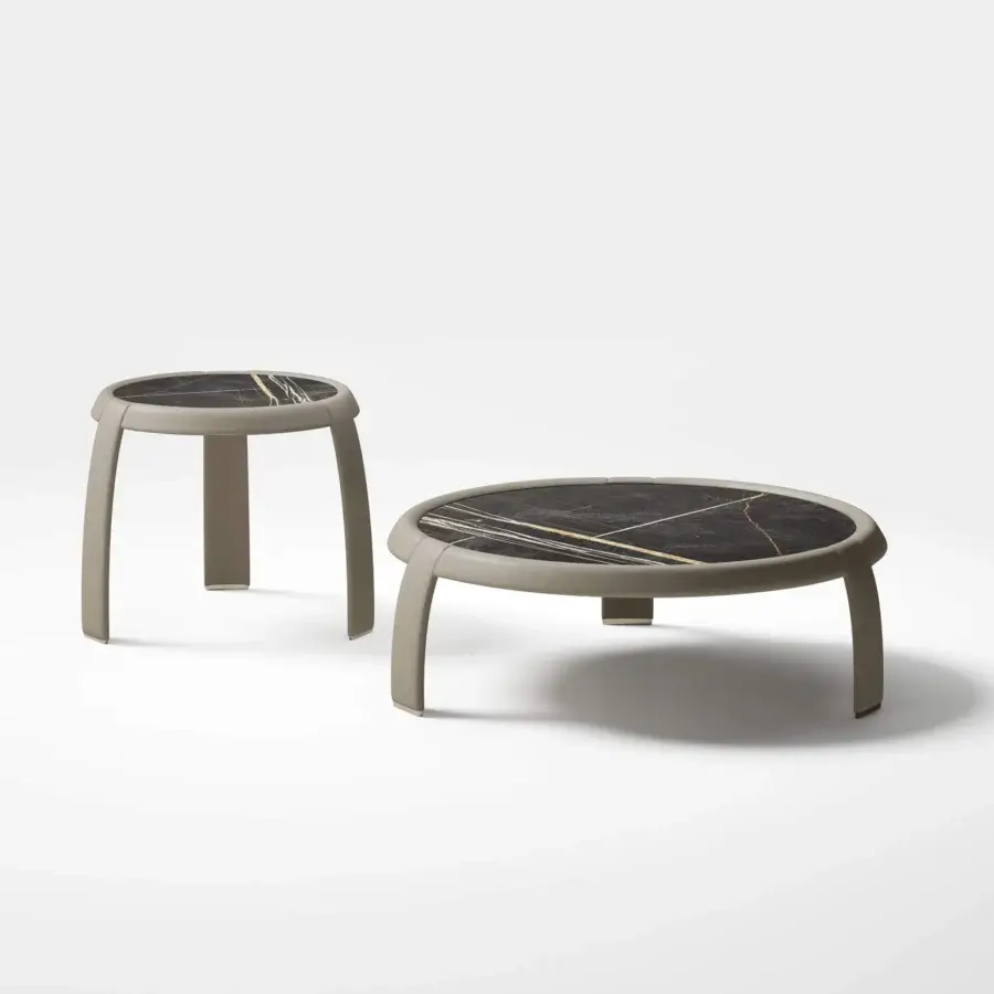 Distinguished Capital Omega coffee table with round marble tabletop and gray leather clad structure