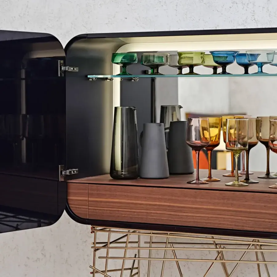 Distinguished Black Tie Mai Tai bar cabinet crafted with curved plywood and lacquered MDF panels with a glossy black finish