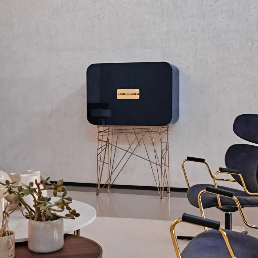 Captivating Black Tie Mai Tai bar cabinet crafted with curved plywood and lacquered MDF, featuring a stainless steel base with gold-toned hardware