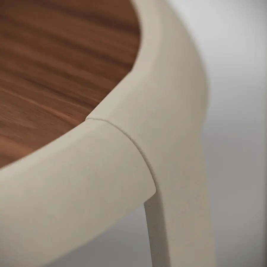 Superior Capital Omega side table with round wood tabletop and neutral beige leather clad structure crafted in Italy