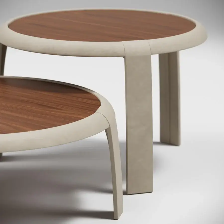 Elegant Capital Omega side table with leather-clad structure and round wood tabletop in satin sheen