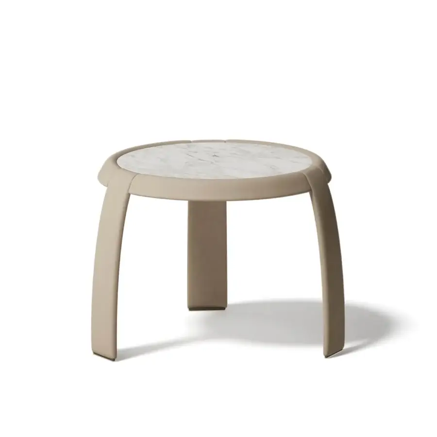 Captivating Capital Omega side table with leather-clad structure, round marble tabletop and metallic finish details