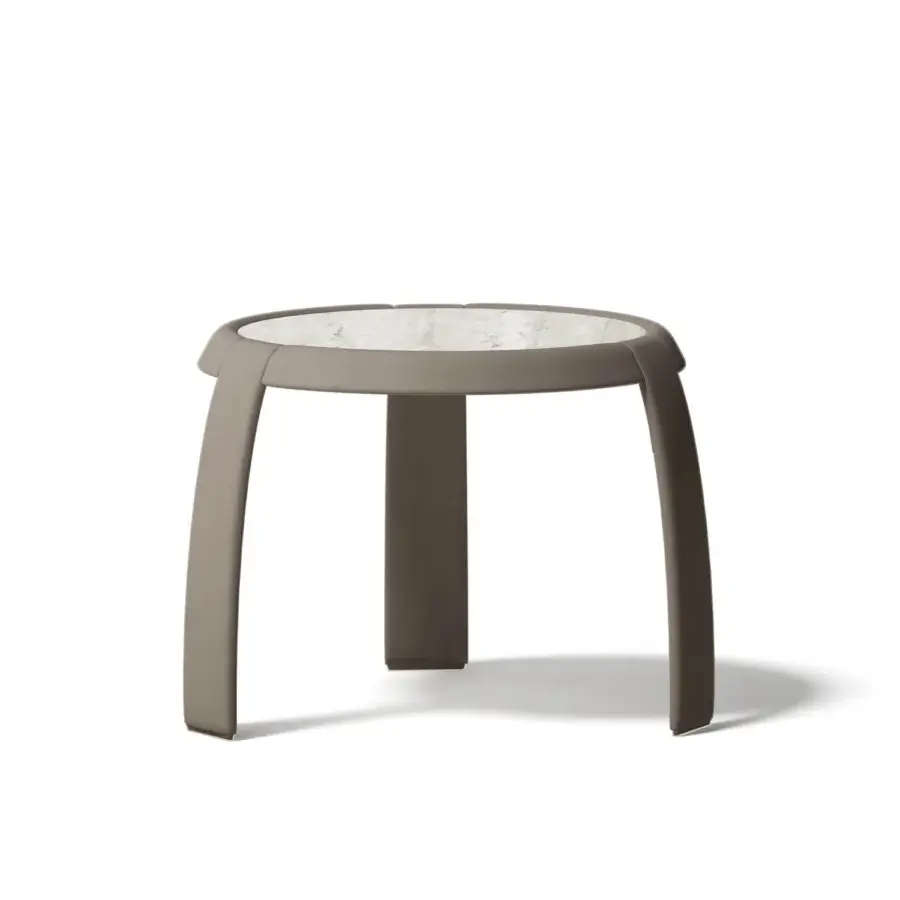 Distinguished Capital Omega side table with leather-clad structure, round wood tabletop and subtly textured surfaces crafted in Italy