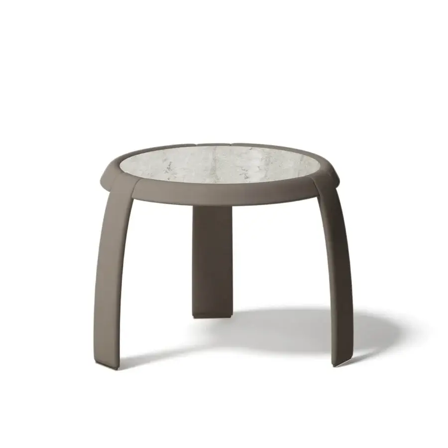 Exceptional Capital Omega side table with grey and white marbled tabletop, curved legs in grey-brown leather and metallic details