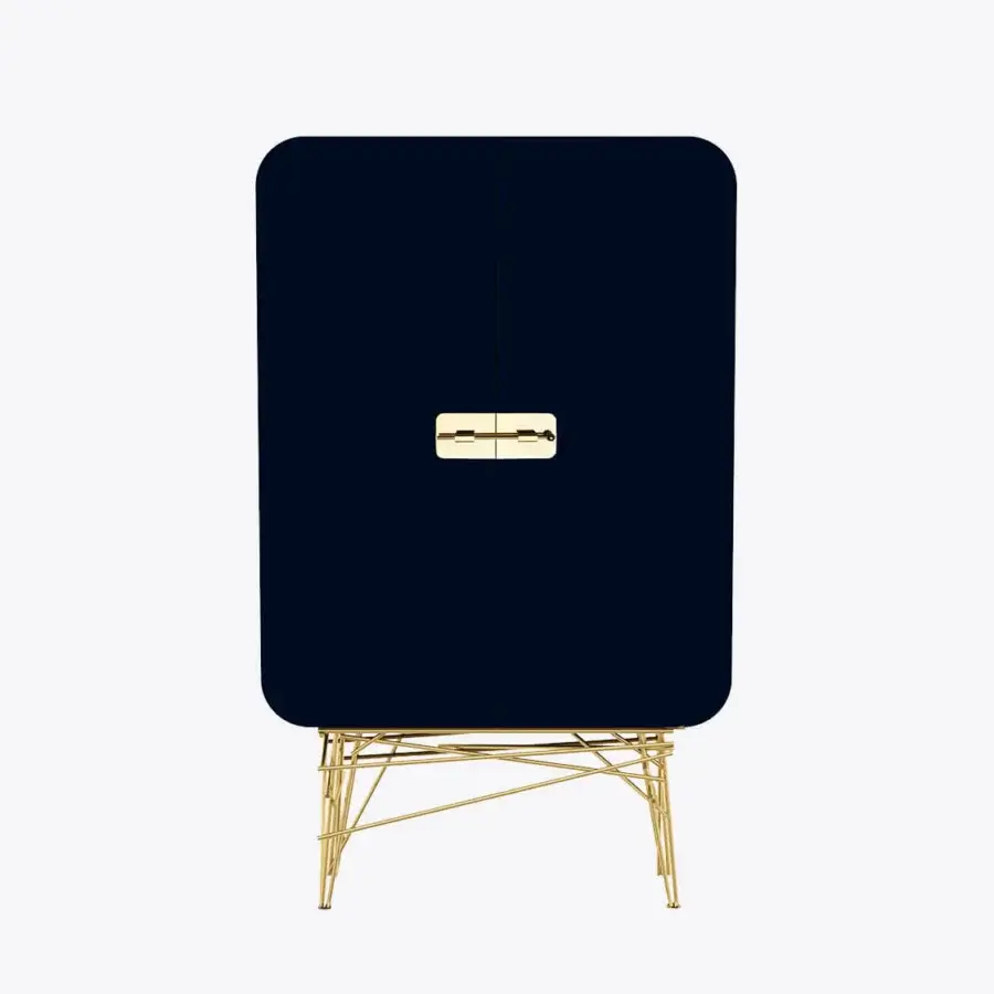 Elegant Black Tie Mai Tai Cupboard crafted with curved plywood, lacquered navy blue MDF, stainless steel, walnut drawer and integrated lighting