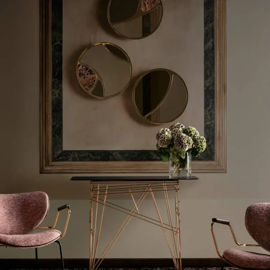 Exceptional Black Tie Lin console with dark matte tabletop and rose-gold toned satin metal frame and shelf