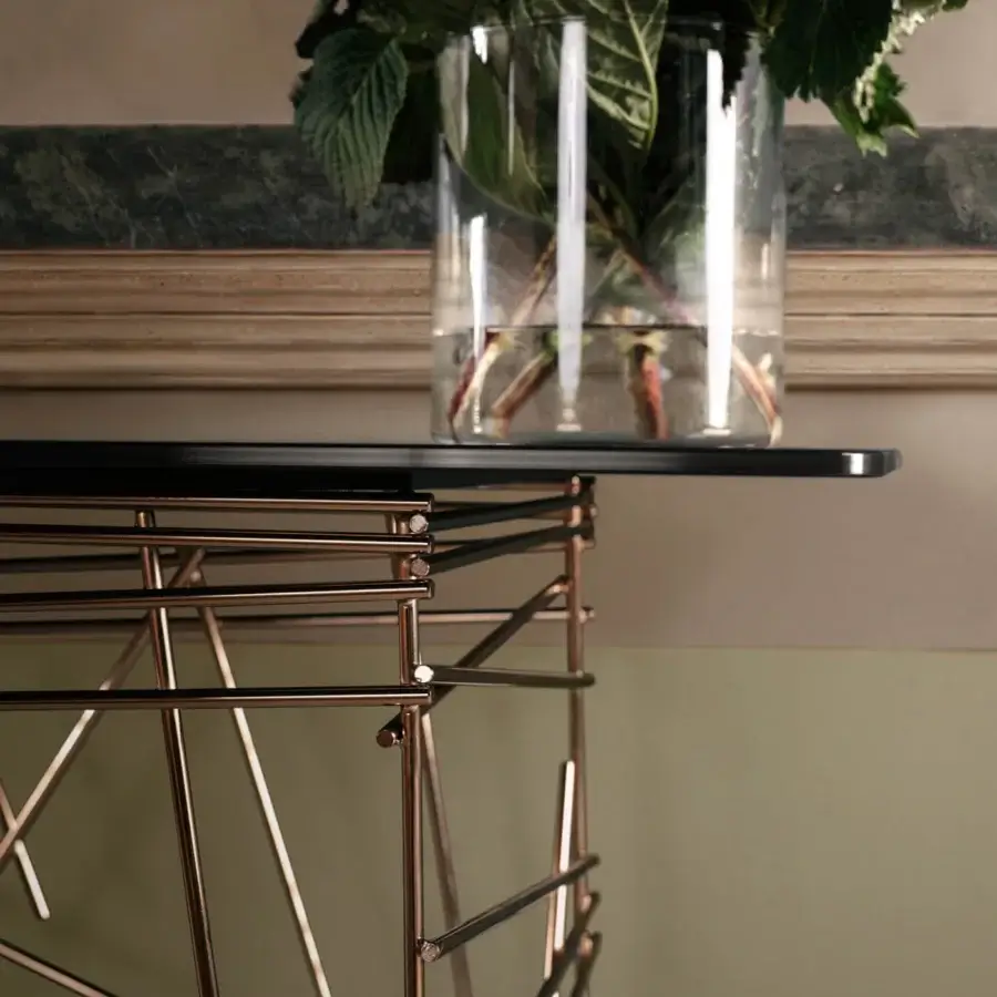 Distinguished Black Tie Lin console with black quartzite top and sculptural rose-gold toned metal base crafted in Italy