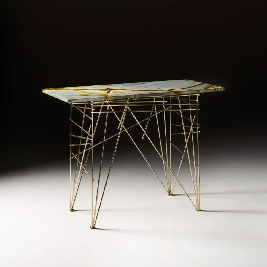 Elegant Black Tie Lin console with light blue and amber veined quartzite top and golden-toned steel legs