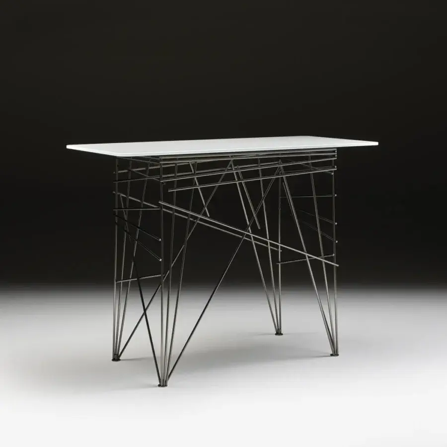 Distinguished Black Tie Lin console with sleek black-lacquered glass top and slender matte black steel base crafted in Italy