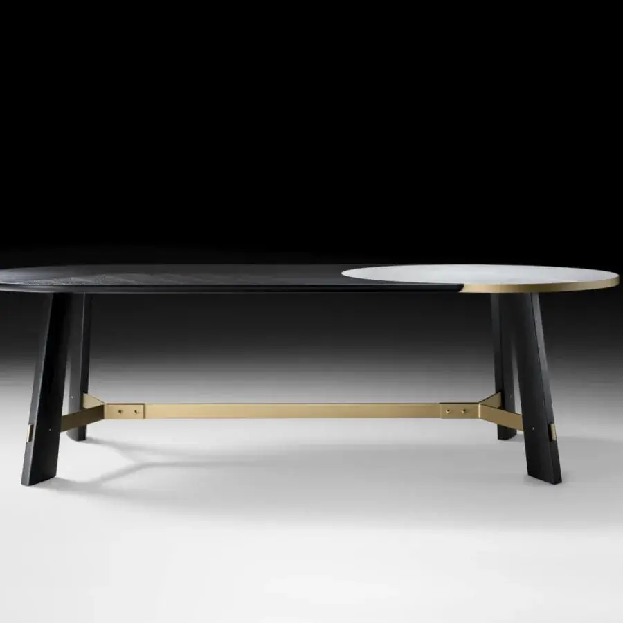Elegant Black Tie Opera table with a light marble tabletop and rich black wood finish crafted in asymmetrical form