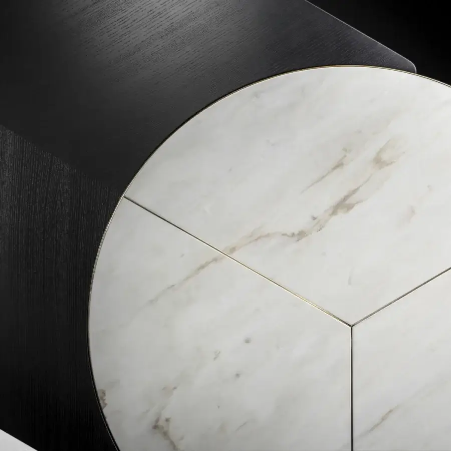 Distinguished Black Tie Opera table with a white marble tabletop and dark matte black wood base crafted in a segmented circular design