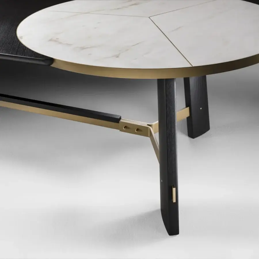 Superior Black Tie Opera table with a white and gray marble tabletop and polished metal detailing