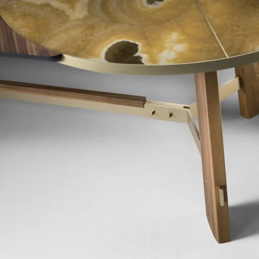Exceptional Black Tie Opera table with swirling gold and amber marble plus a warm medium-brown wood base crafted in Italy