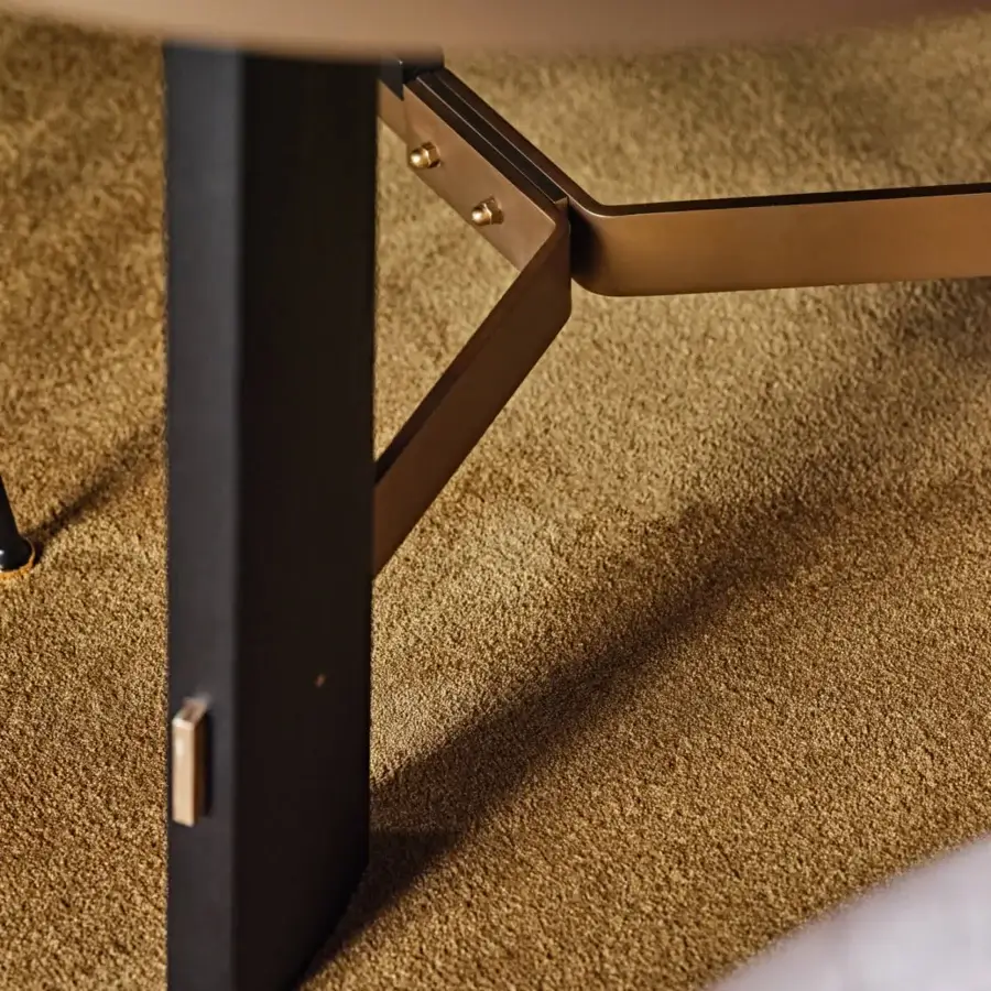 Exceptional Black Tie Opera table with white marble and matte black golden satin metal base exhibiting balanced form
