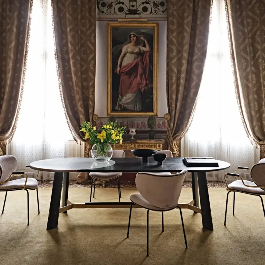 Exceptional Black Tie Opera table with dark-toned wood tabletop and sleek black metal base crafted in Italy
