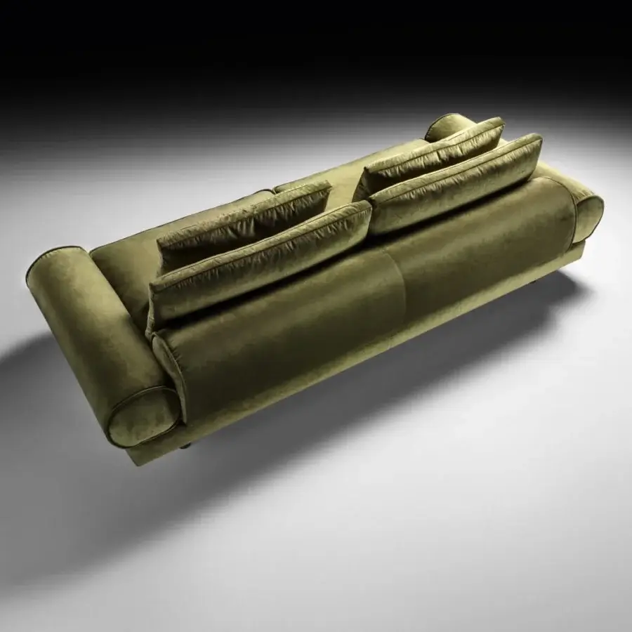 Lavish Black Tie Sebastian sofa with soft shapes upholstered in matte olive green velvet and poplar wood