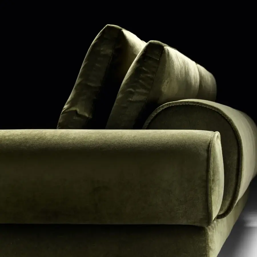 Distinguished Black Tie Sebastian sofa with gentle curves upholstered in plush matte olive green textile and poplar wood frame