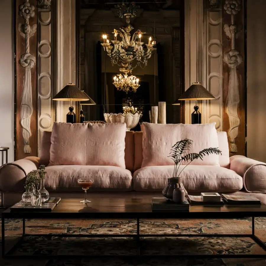 Exceptional Black Tie Sebastian sofa with enveloping shapes upholstered in sumptuious dusty rose textile with matte finish