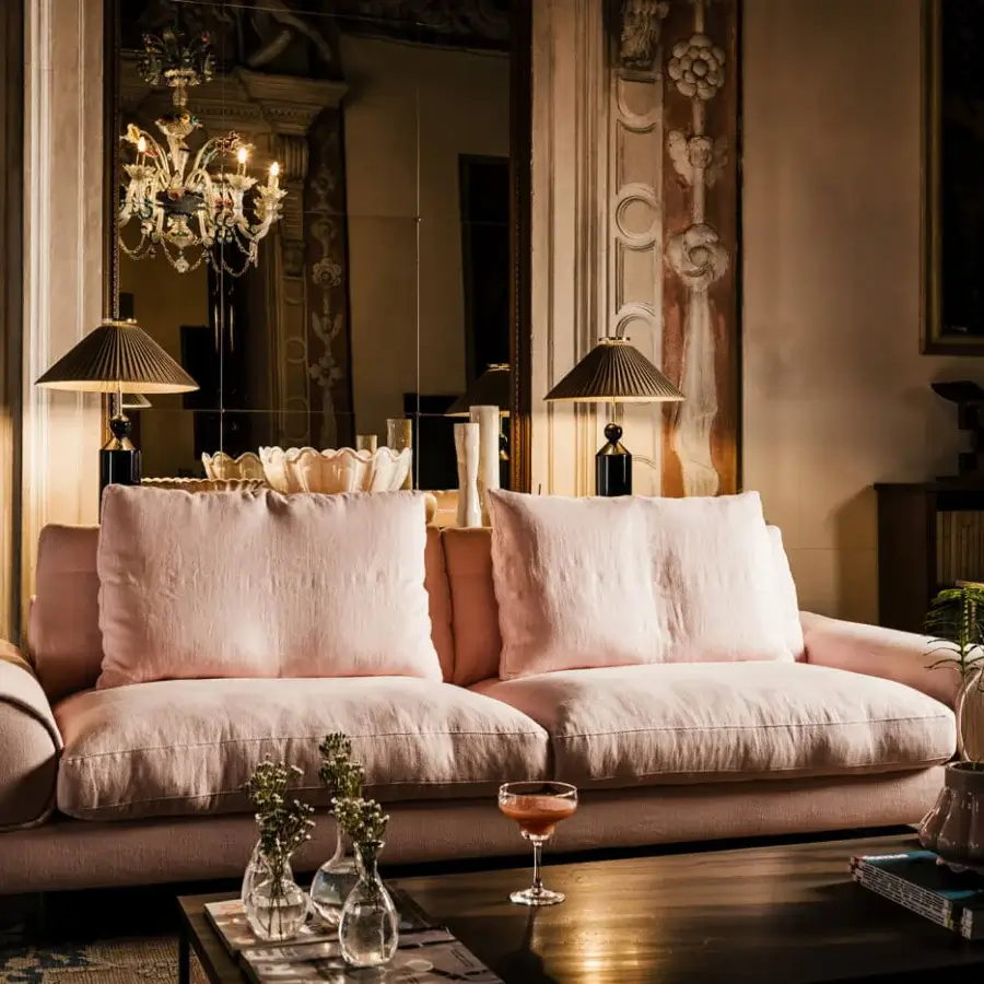 Superior Black Tie Sebastian sofa with gently curved silhouette upholstered in lavish dusty rose linen blend
