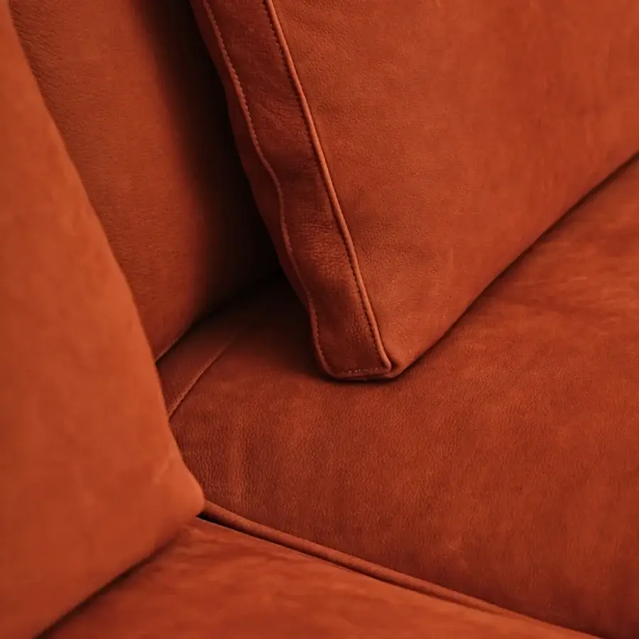Superior Black Tie Sebastian sofa with inviting curves and sumptuous reddish-brown textured velvet upholstery