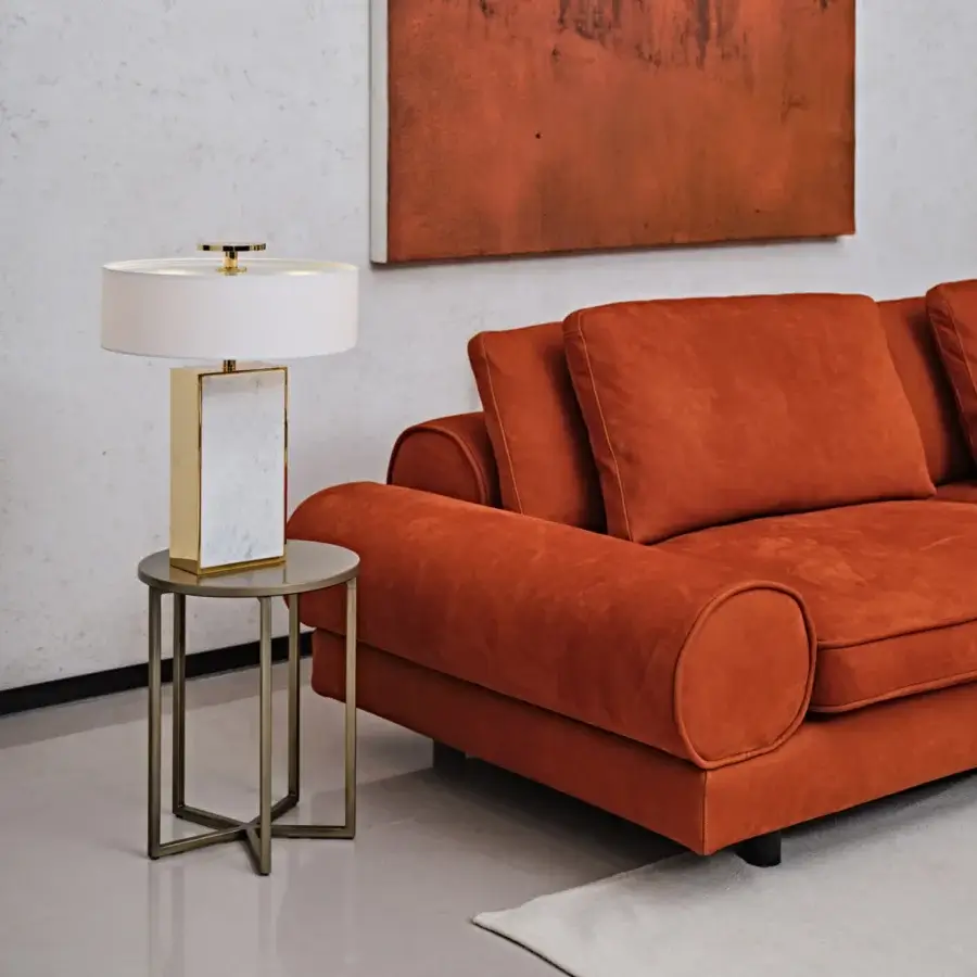 Exceptional Black Tie Sebastian sofa with enveloping shapes and plush reddish-orange textured textile upholstery built with poplar wood
