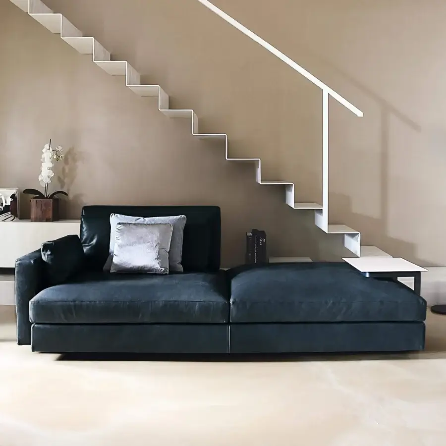 Distinguished Swan Italia Hemingway sofa with dark teal heavy cotton upholstery and chrome-plated metal details