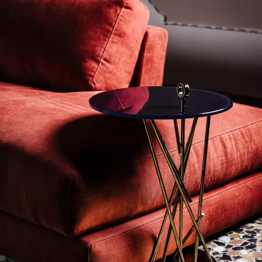 Superior Black Tie Tao side table with deep blue glass top and polished golden stainless steel base