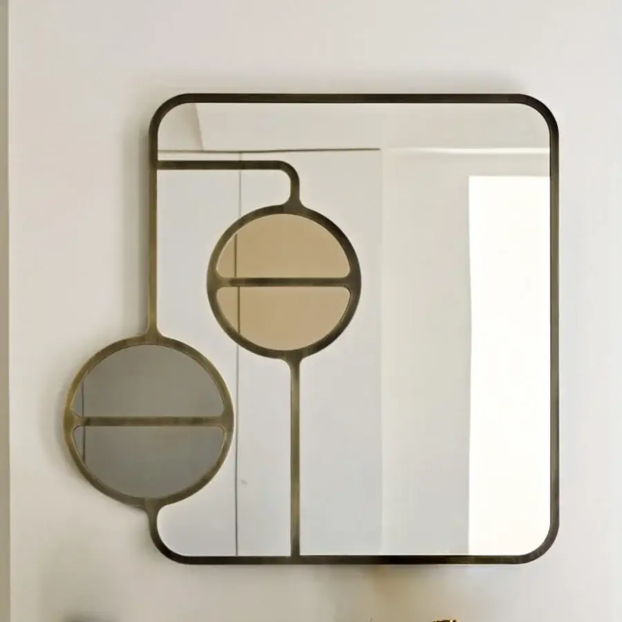 Distinguished Black Tie Mou mirror crafted in Italy with dark bronze metal and nuanced colored glass