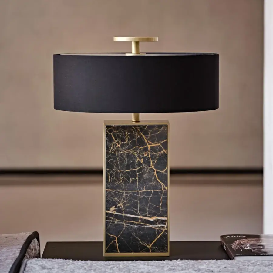 Distinguished Black Tie Thelma table lamp with white Carrara marble and satin brass accents crafted in Italy