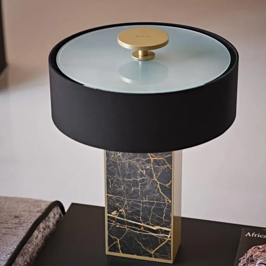 Superior Black Tie Thelma table lamp in white Carrara marble and black textile, crafted with gold-toned accents